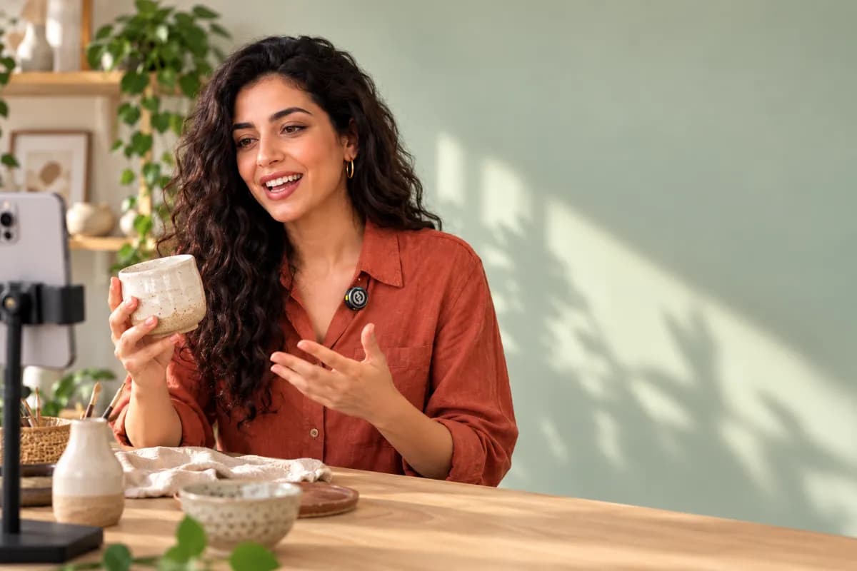 مشهد توضيحي لصانعة محتوى تستخدم المايك أثناء تصوير منتج